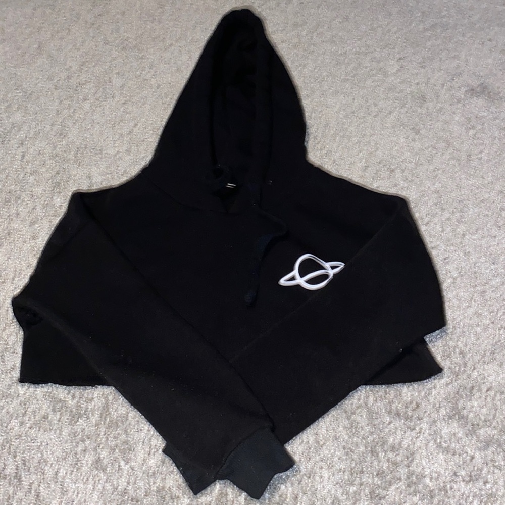 cropped black hoodie, with planet on left upper side about 2 inches big